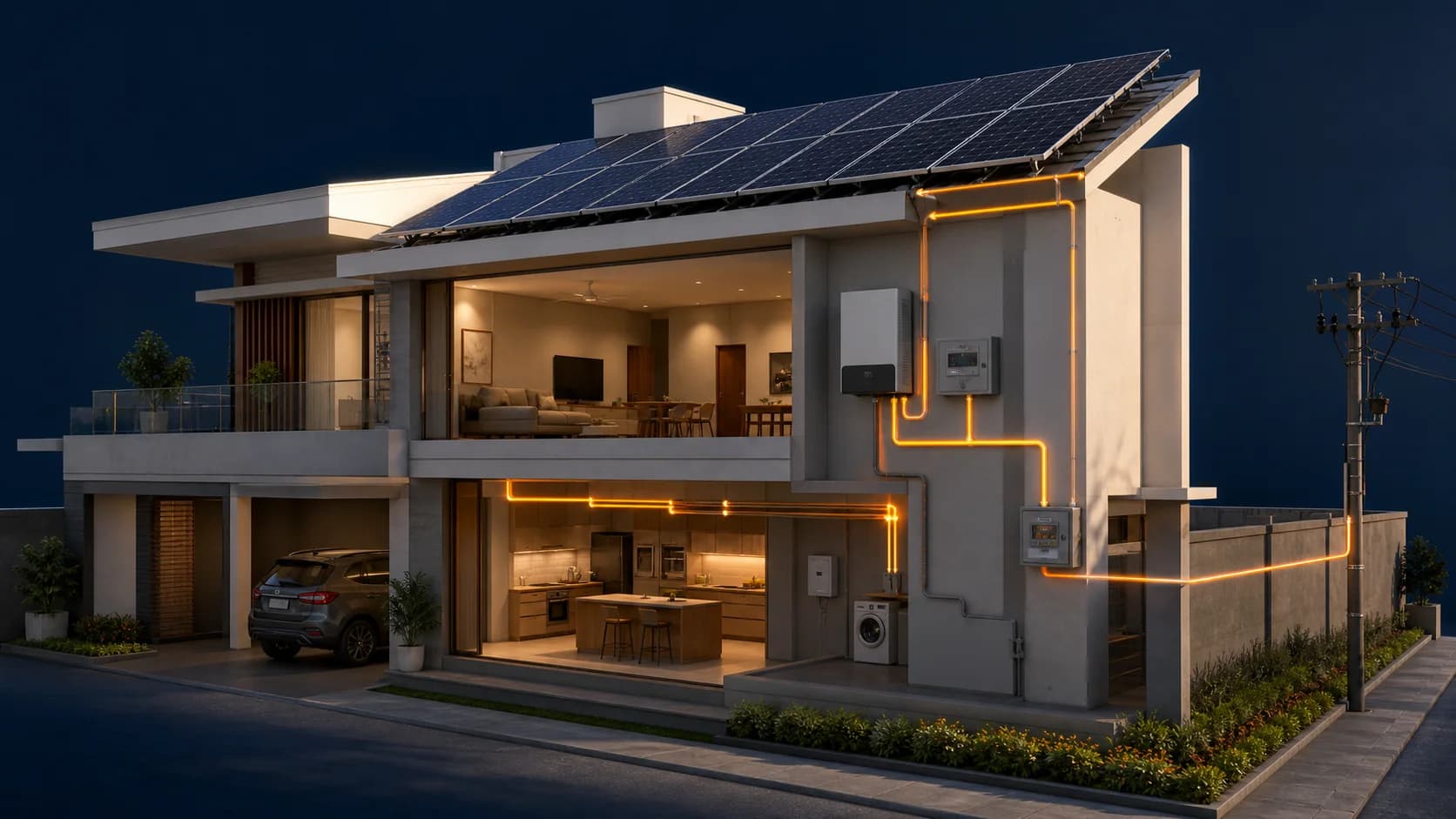 Architectural cutaway of a rooftop solar array connected to an inverter, meter, home loads and utility grid