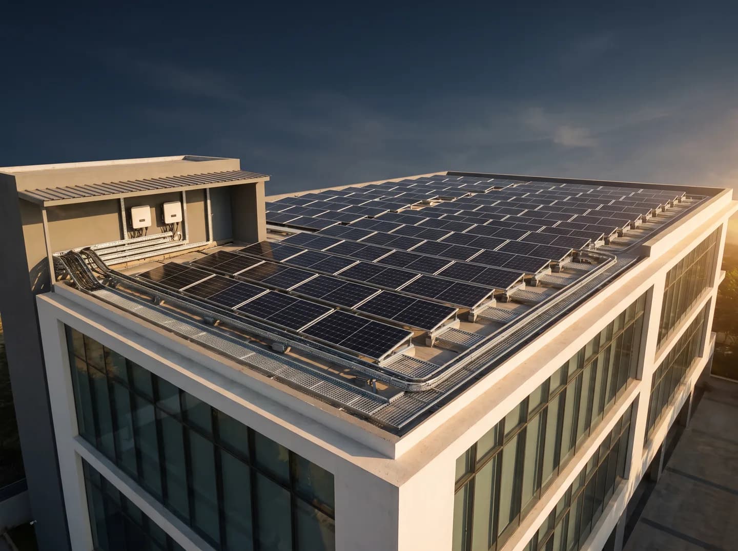 A commercial building roof covered in rows of solar panels at golden hour