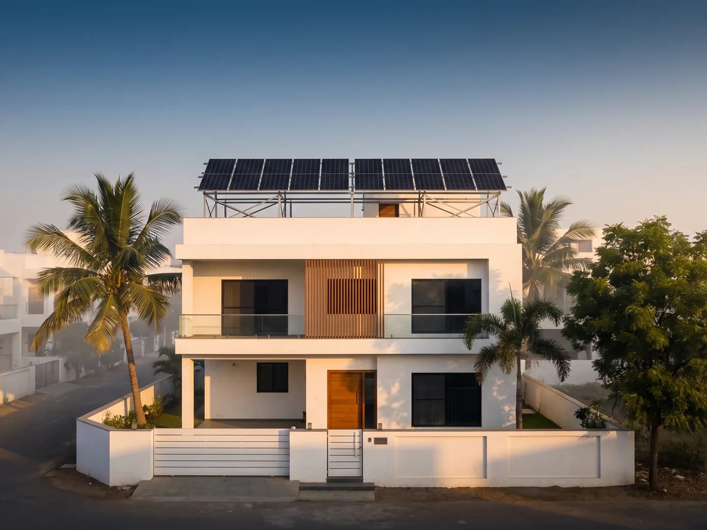 A white two-storey villa in Surat with a rooftop solar array at sunrise