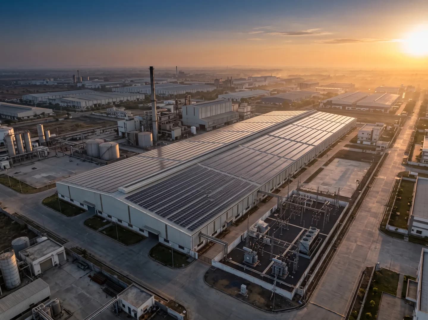 An industrial shed roof in Gujarat fully covered in solar panels